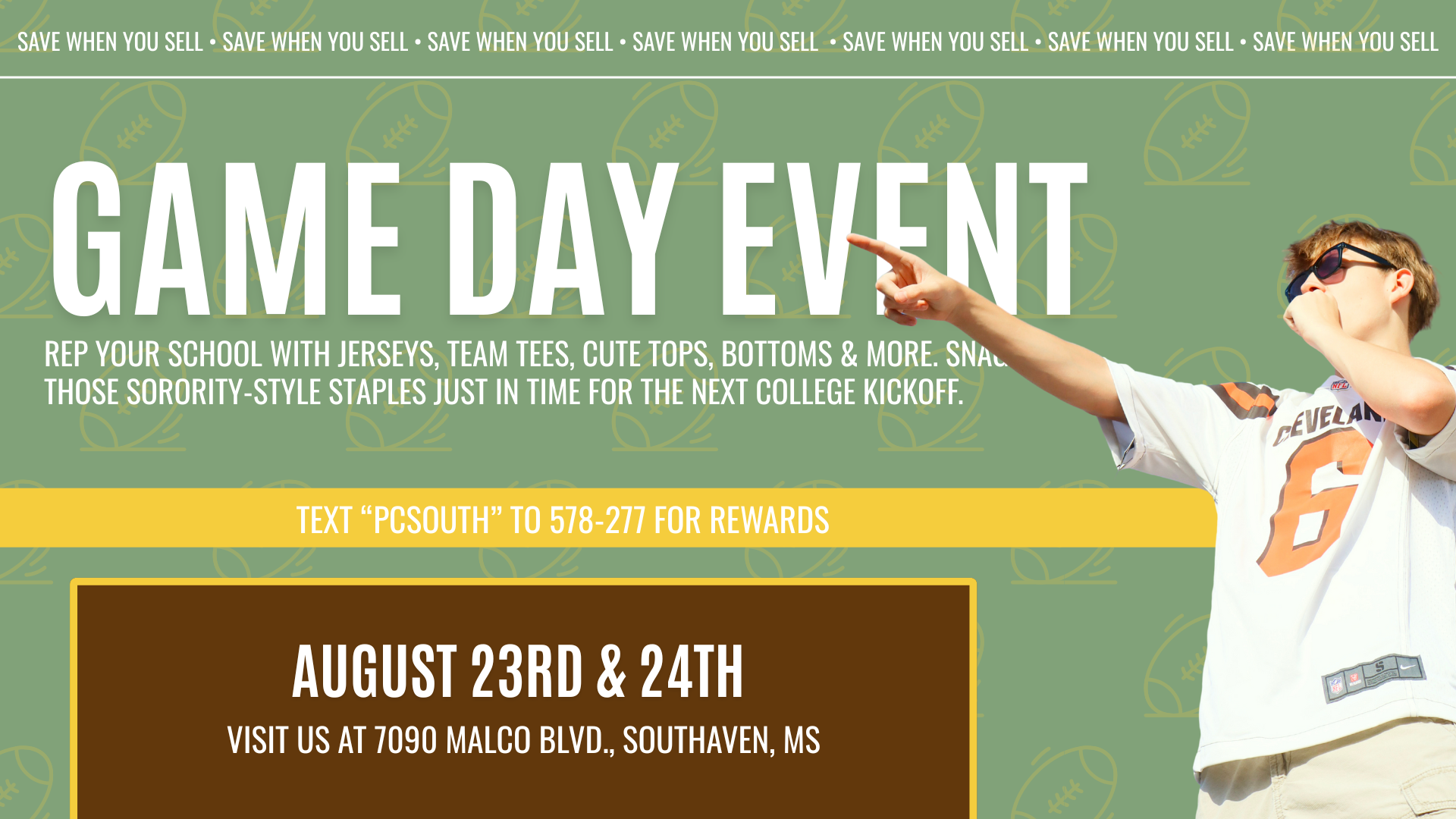 Young adults shopping for game day outfits at Plato’s Closet Southaven, MS featuring jerseys, varsity tees, denim skirts, and team-colored accessories displayed on racks. In-store signage promotes up to 70% off retail prices for the Game Day Drop event August 23–24.